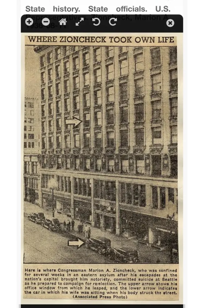 Archive plate of a press photograph of the Arctic Building with arrows marking a window and the street