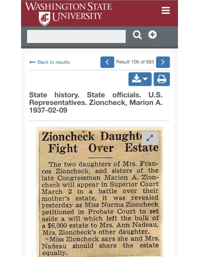 Archive plate of a clipping headed Zioncheck Daughters Fight Over Estate