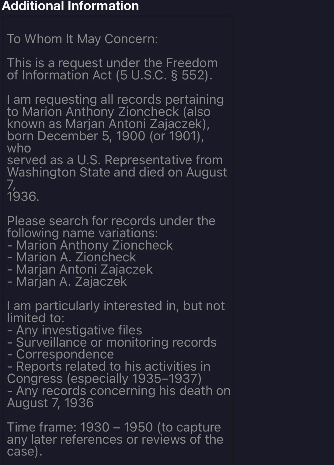 FOIA request description seeking records on Marion Anthony Zioncheck, also Marjan Antoni Zajaczek, for 1930 to 1950