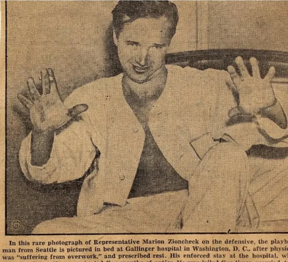 Archive plate of Representative Zioncheck in a hospital bed at Gallinger Hospital