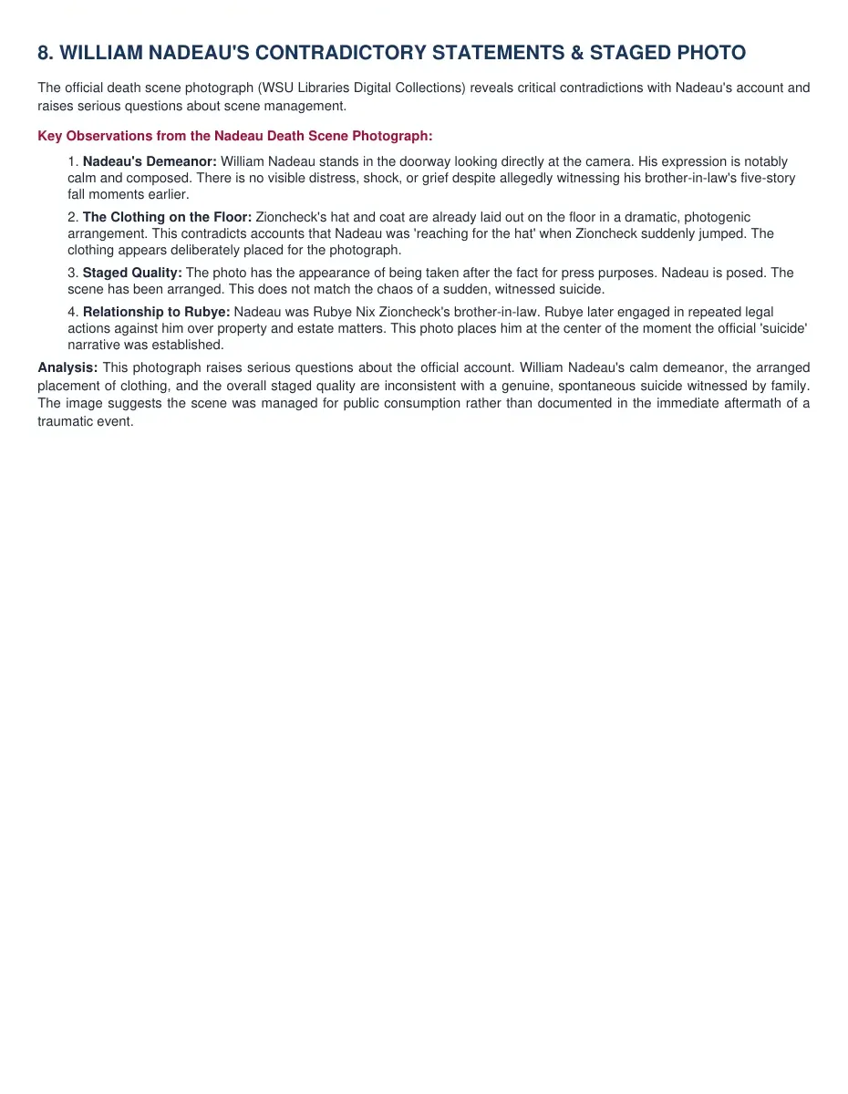 Volume IV page analyzing William Nadeau’s contradictory statements and the death-scene photograph