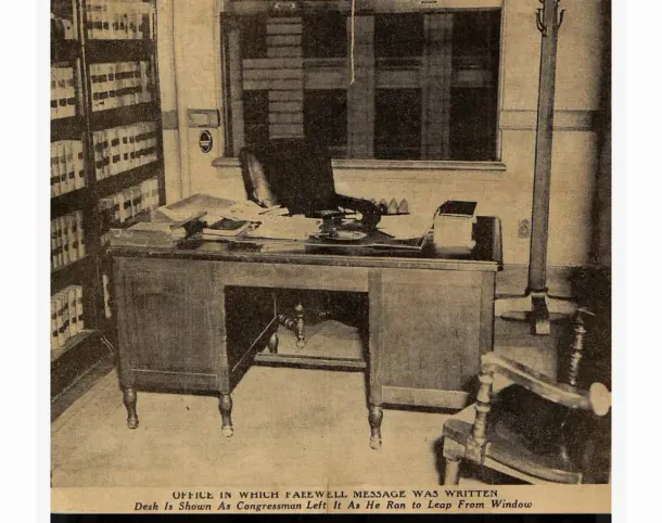 Newspaper photograph of the empty office the press captioned as the room in which a farewell message was written