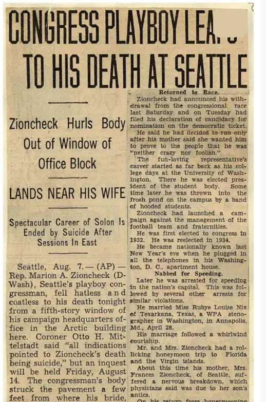 Archive plate of a contemporary clipping headed Congress Playboy Leaps to His Death at Seattle