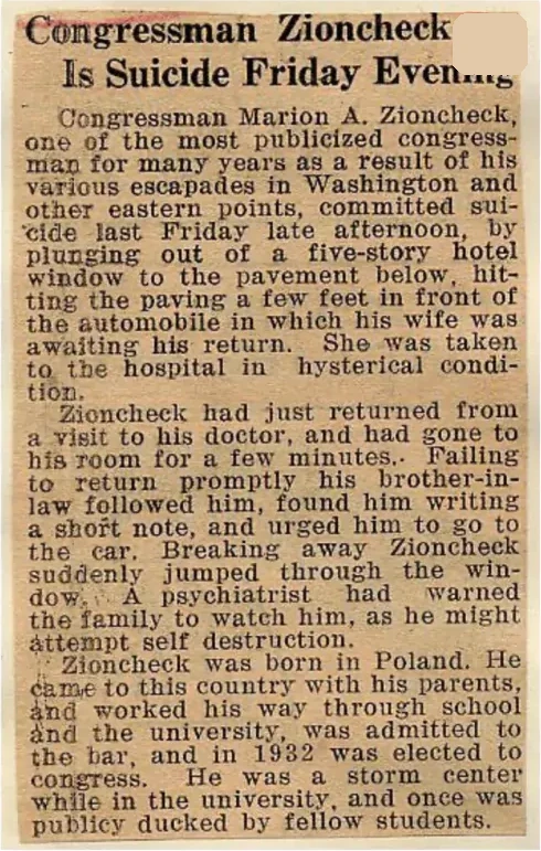 Archive plate of a clipping headed Congressman Zioncheck Is Suicide Friday Evening
