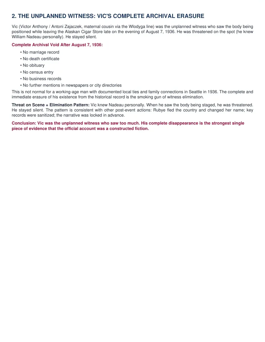 Volume V page on Vic’s archival erasure and the statement that Vic knew William Nadeau personally
